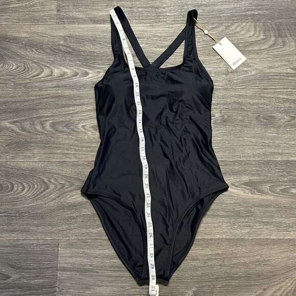 NWT Quince Medium Italian Cross-Back One Piece Swimsuit Black Swim Bathing Suit - Picture 7 of 9